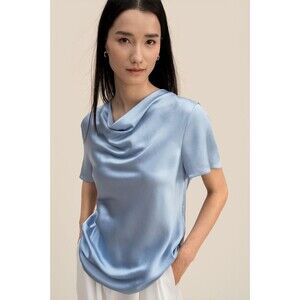 NWT LilySilk Cowl Neck Shirt Mulberry Silk Short Sleeve Blouse Blue Size 10